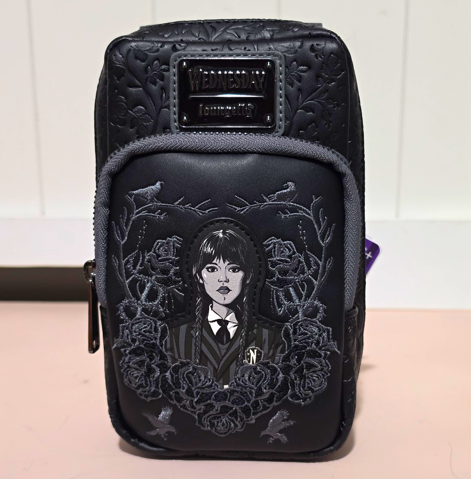 Loungefly Disney Wednesday Addams Small Crossbody Bag Purse, Black/Gray