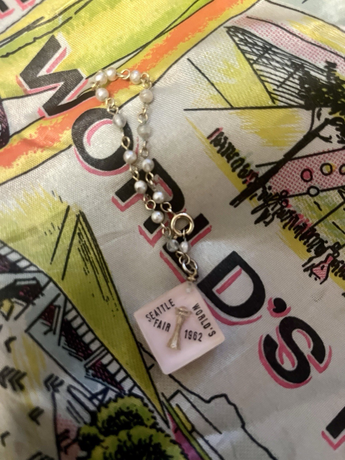 Rare 1962 Seattle World's Fair Lot- Lined Fringed Scarf and Small Charm Bracelet