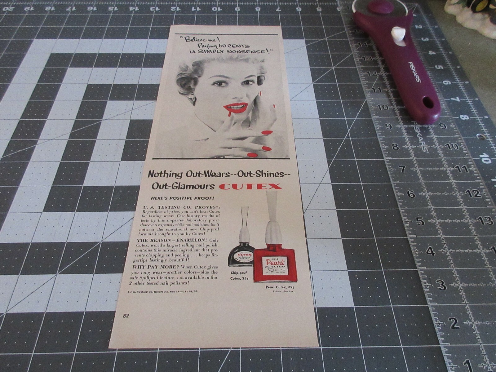 1954 Cutex  Rose Pearl Nail Polish,  Red Lips Vintage Print Ad