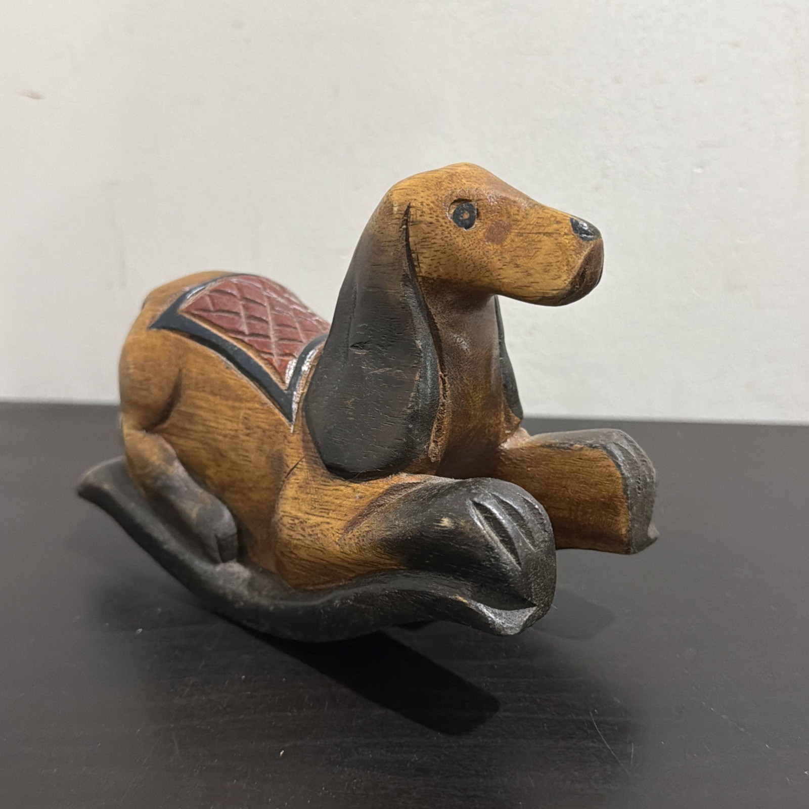 Vintage Mandalay Box Co Wooden Dachshund Rocker Dog Figurine Thailand Folk Art