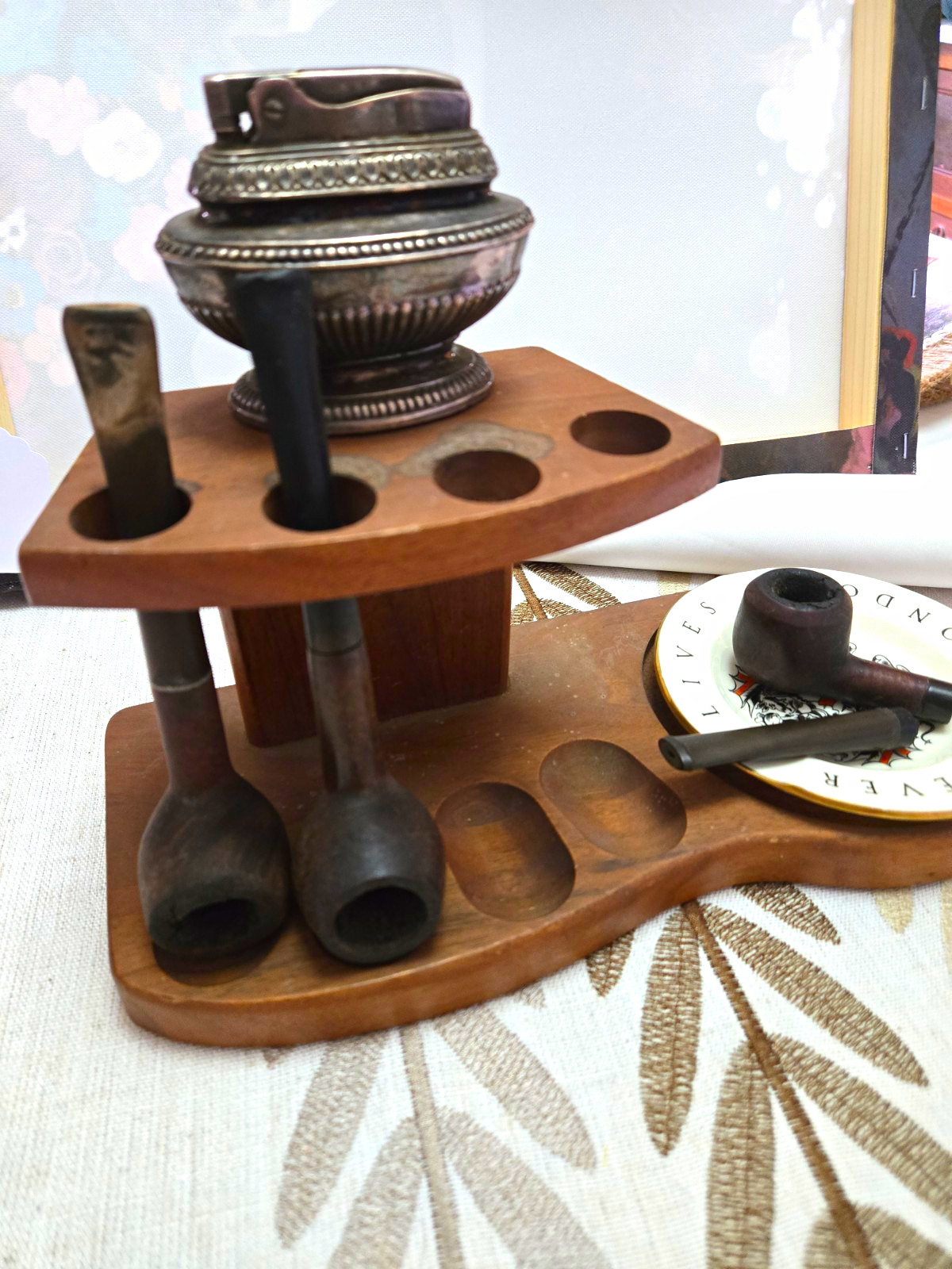 Wedgwood Bone China Ashtray w/ Wood Pipe Stand, Lighter & 3 Pipes