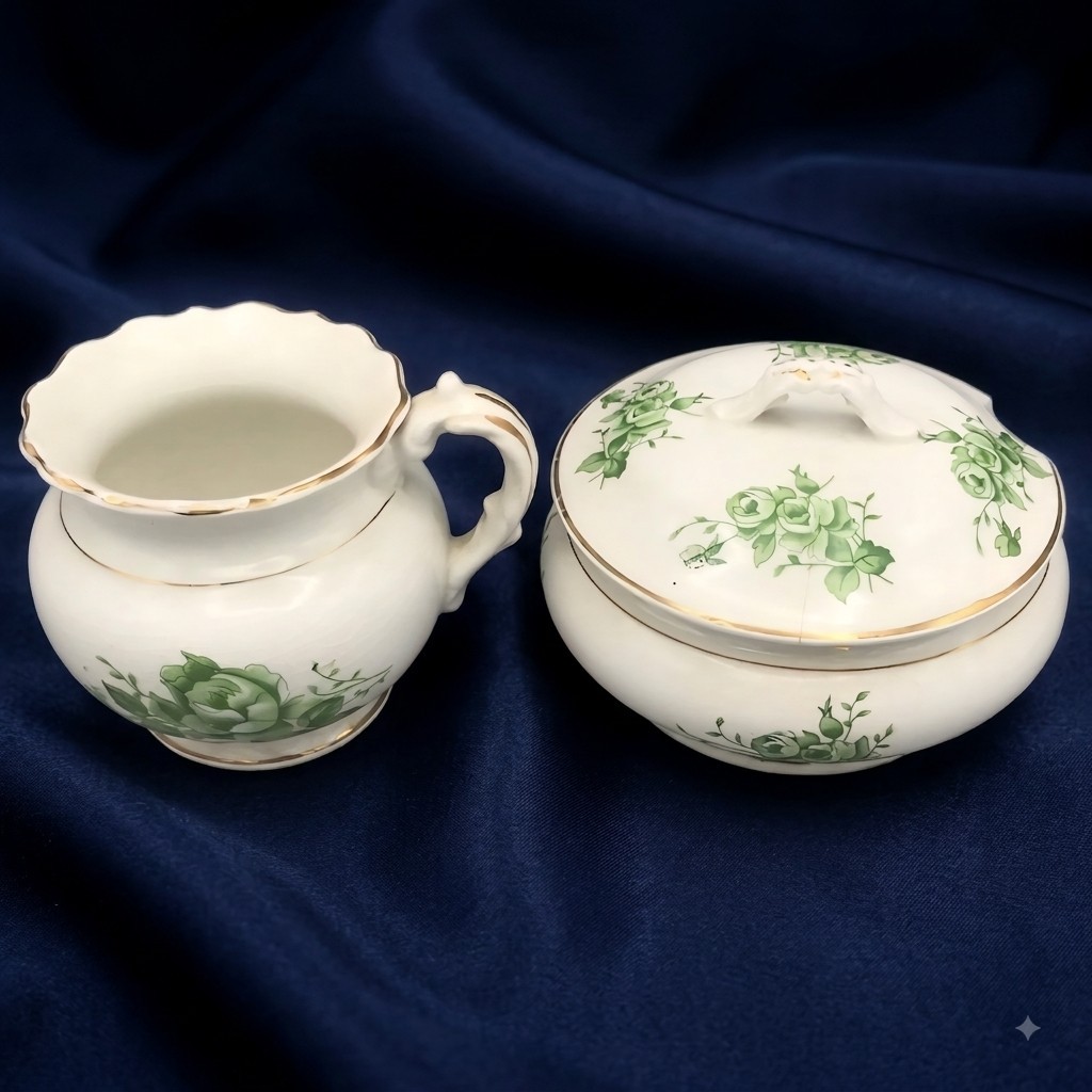 Antique KTK Creamer Sugar Set Green Roses Knowles Taylor Knowles Lidded Ivy READ