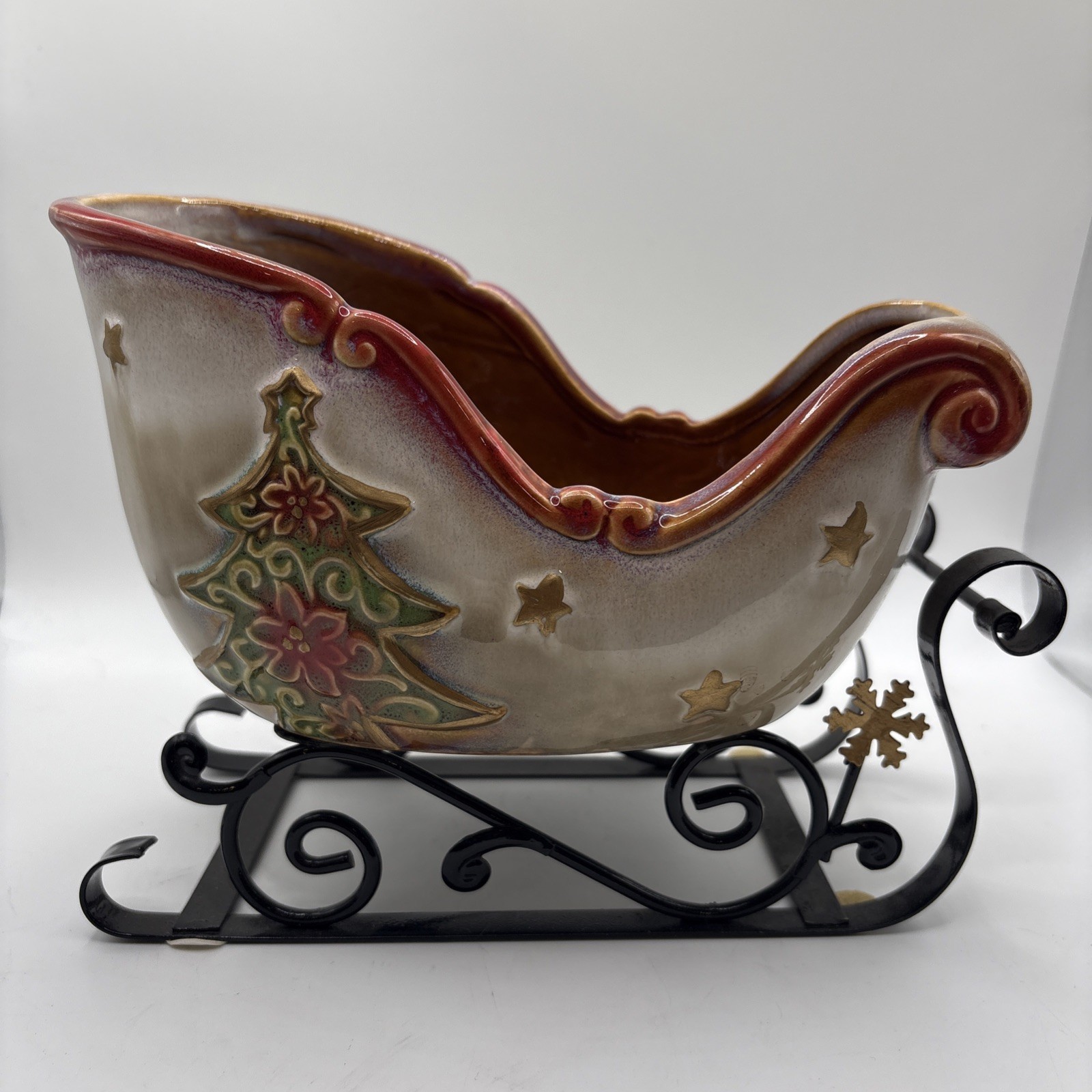 Vintage Ceramic Christmas Sleigh Candle Holder With Metal Base 6Hx8L