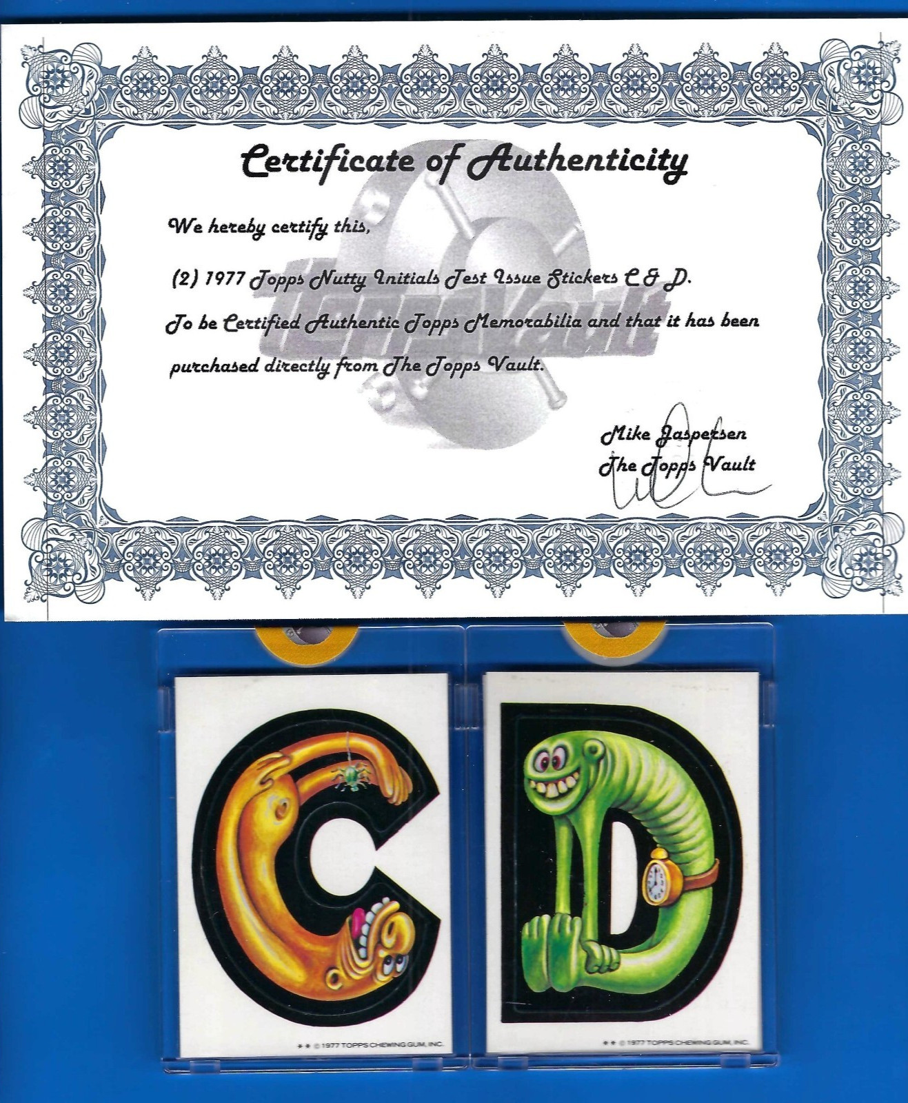 TOPPS VAULT 1977 NUTTY INITIALS TEST ISSUE C & D BLANK BACKS W/COA