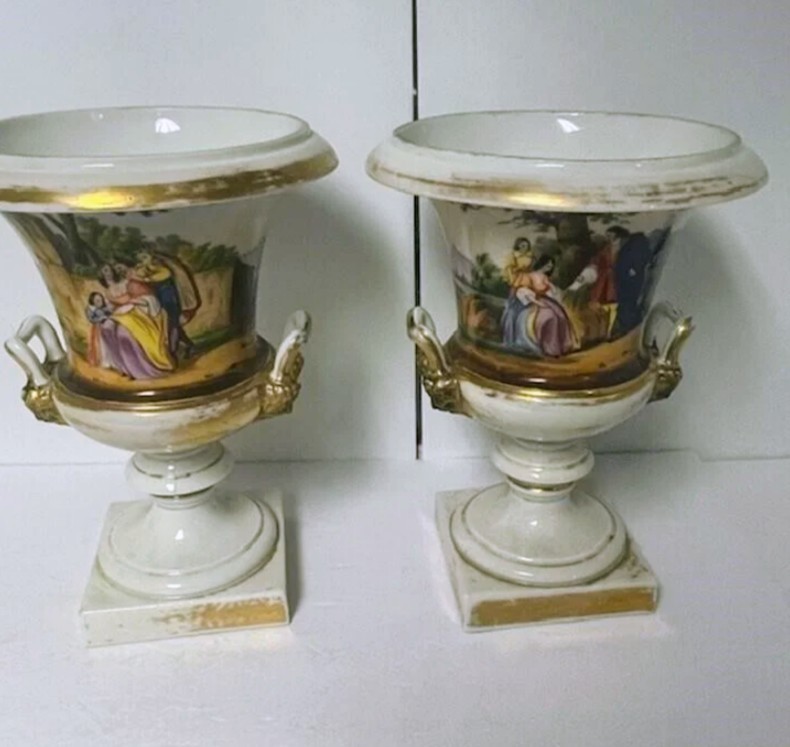 Antique Scenic European Pair of Hand Painted Bolted Vases Approx 12 Inchs Tall