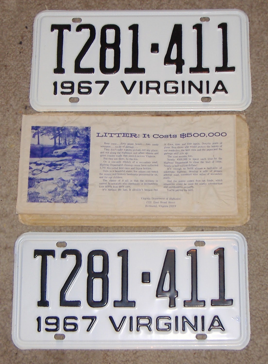 VINTAGE MATCHED PAIR 1967 VIRGINIA LICENSE PLATES-T281411-NOS- MINT- DMV CLEAR