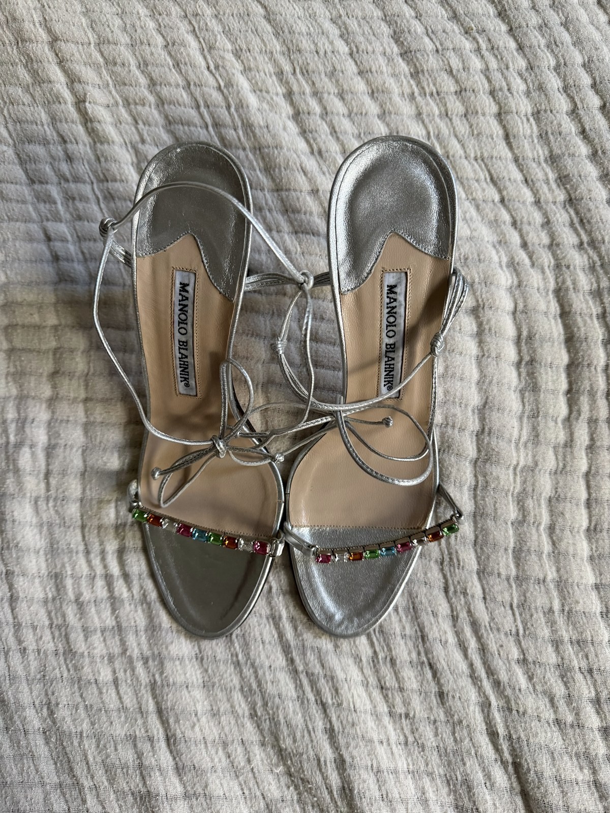 Manolo Blahnik Silver Leather Jeweled Lace Up Strappy Heel Sandals 37.5 US 7