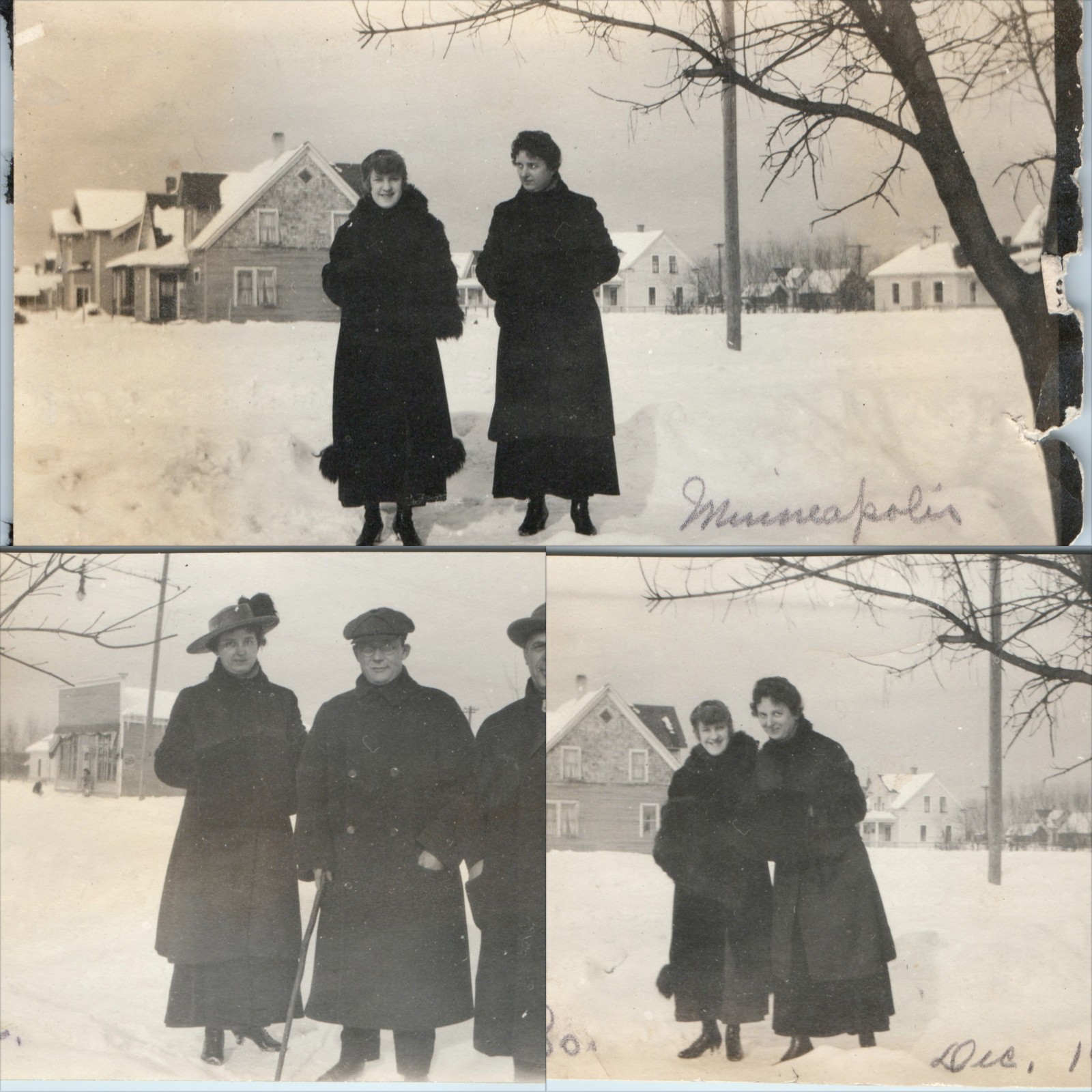 x3 LOT 1914 Minneapolis, MN Winter Snow 38th Ave So Snapshot Photos Coats Houses
