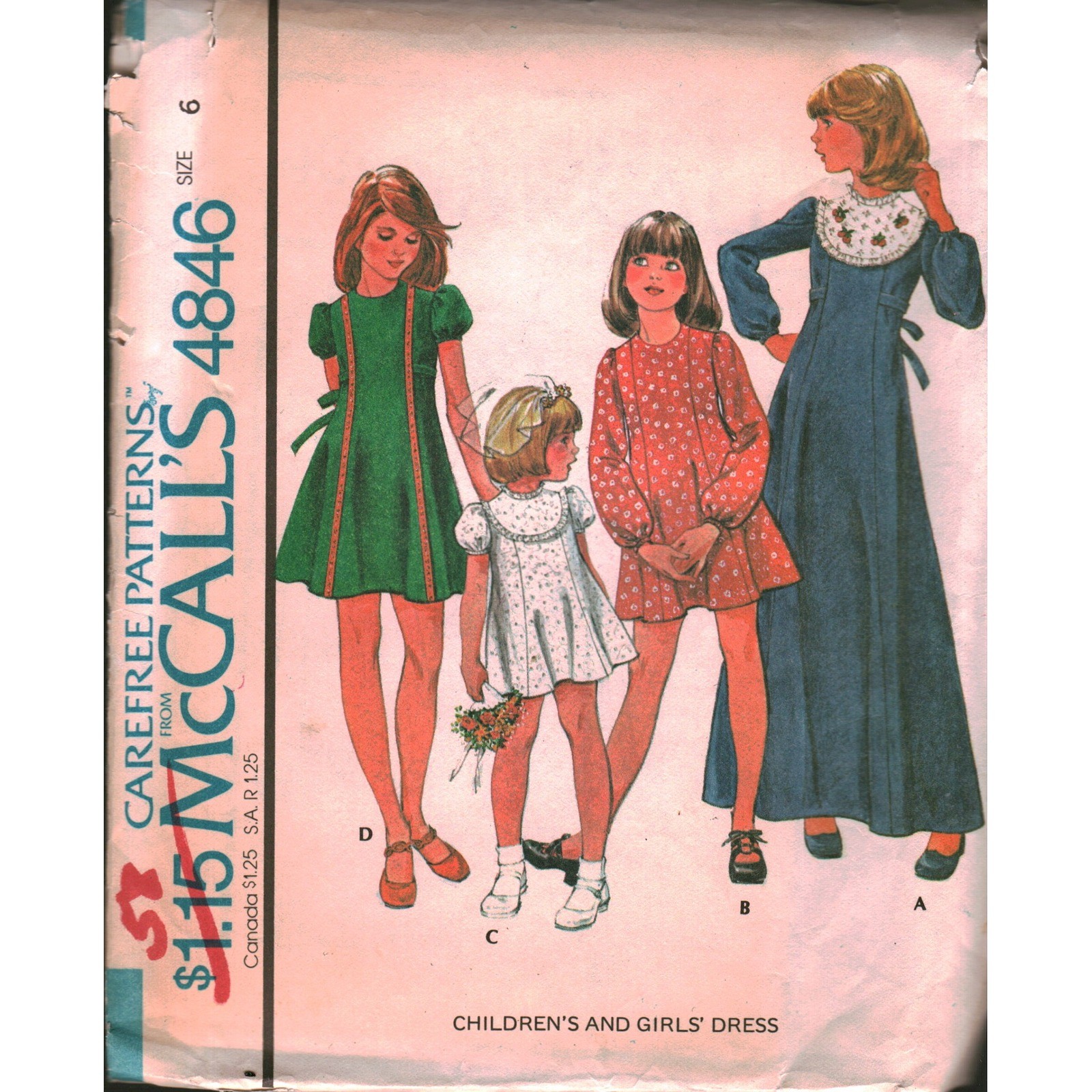Vintage 1975 McCalls 4846 Childrens Girls Dress Sewing Pattern Size 6 Uncut