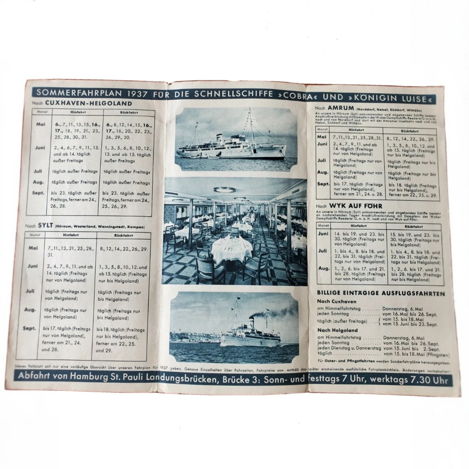1937 HAPAG Cobra & Königin Luise Sommerfahrplan Brochure Helgoland Sylt WW2 Navy