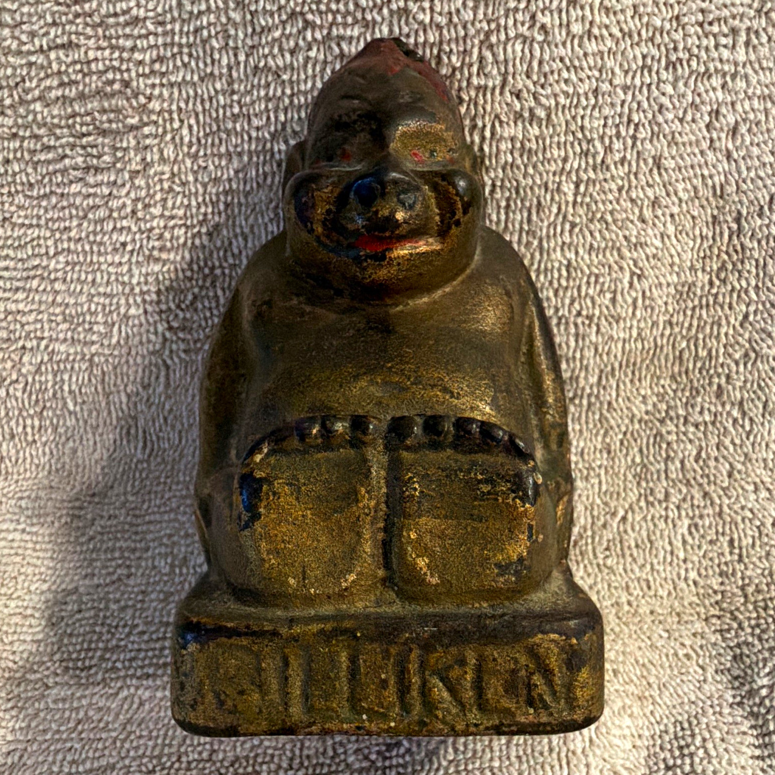 Vintage Cast Metal Seated Figure Still Coin Bank Coin Slot Screw Opening