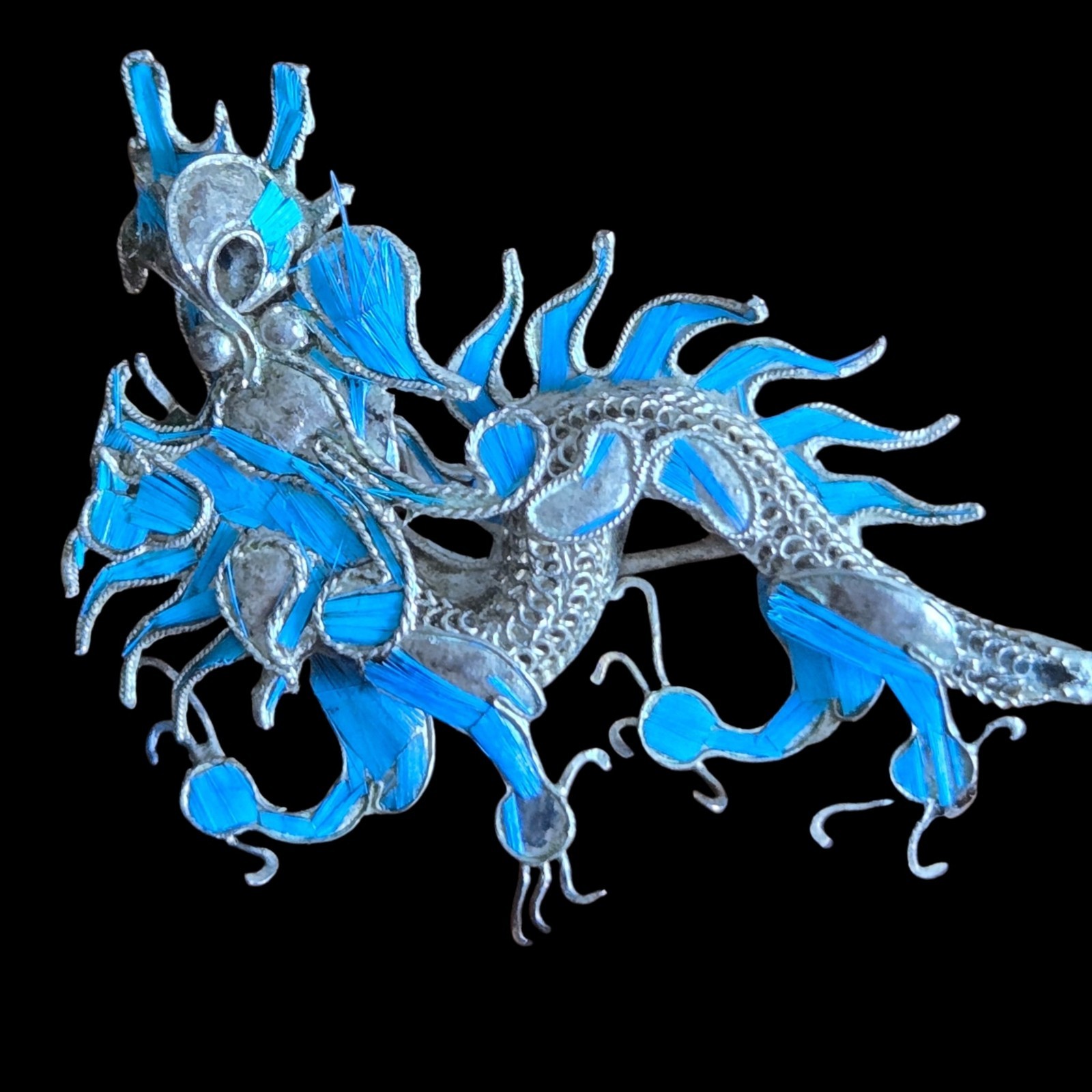 Antique Chinese Tian-Tsui Dragon Brooch Genuine Blue Kingfisher Featherwork