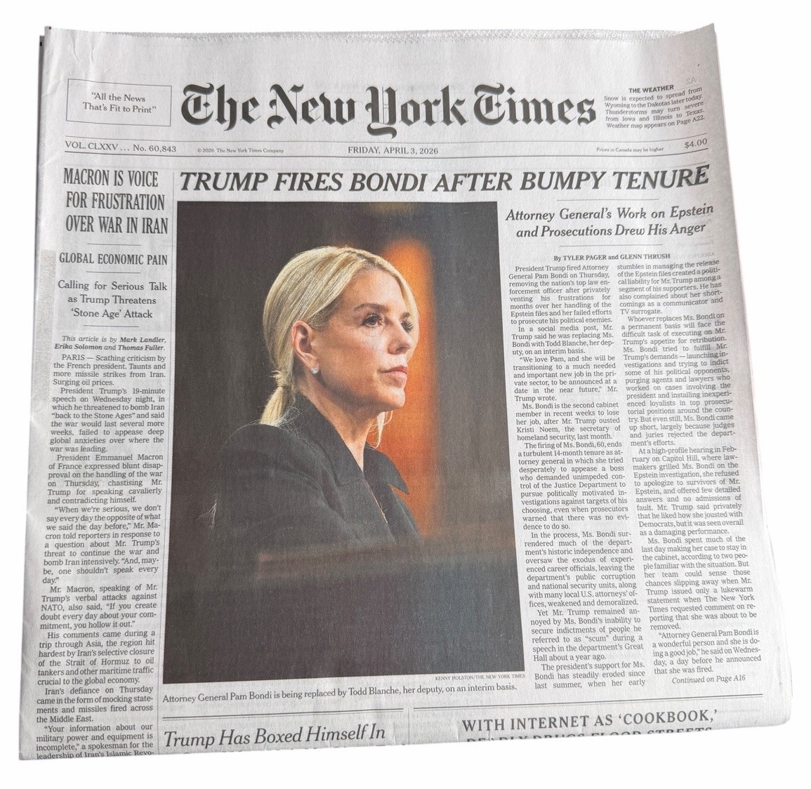 The New York Times Newspaper April 3 2026 TRUMP FIRES BONDI Complete Paper NYT