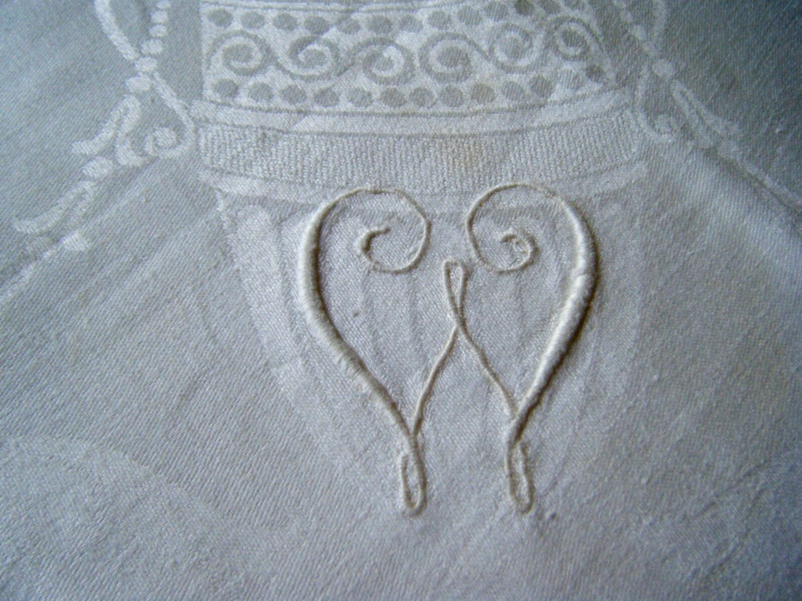 Antique 19c banquet square tablecloth Irish linen damask w mono W   82\