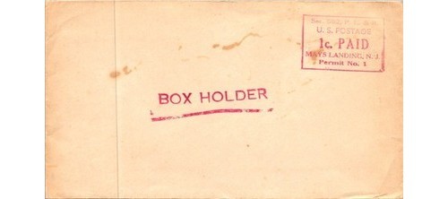 Mays Landing NJ Postal Permit Envelope BOX HOLDER Circ. Mailing Cover 1900s