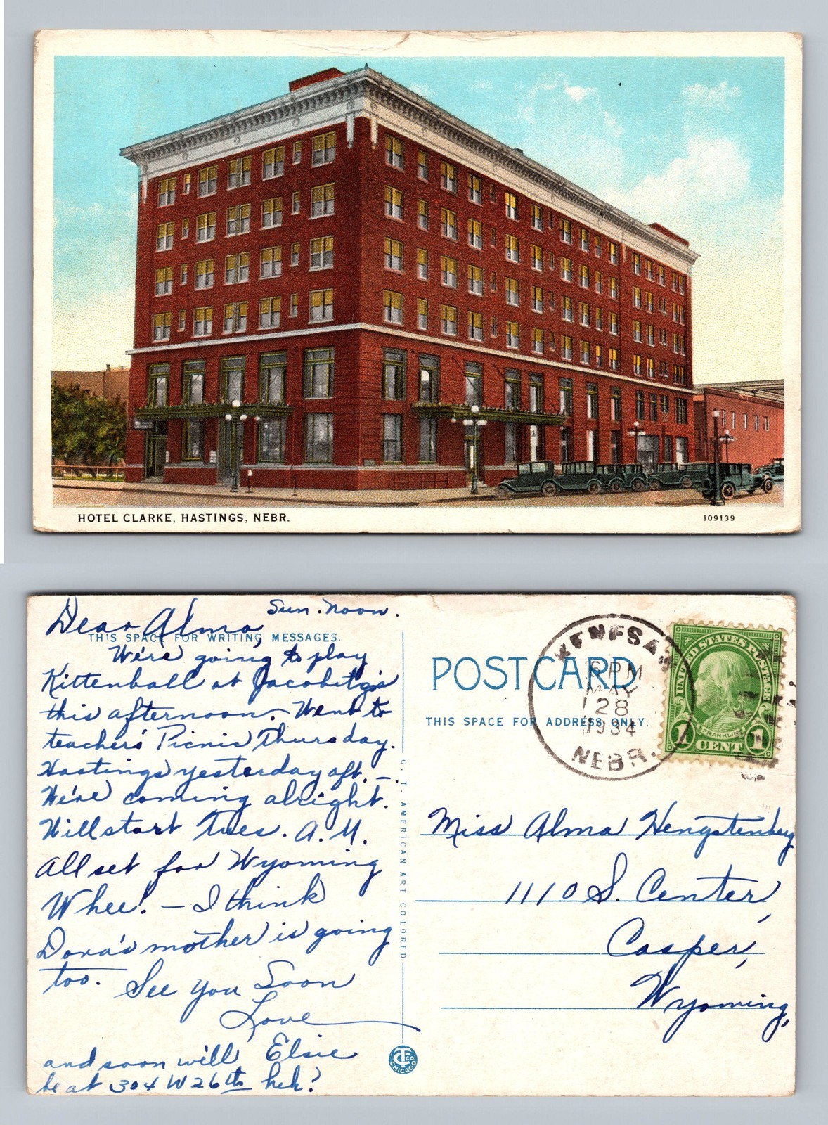 Hastings, NE-Nebraska, Hotel Clarke Red Brick Building Vintage c1934 Postcard
