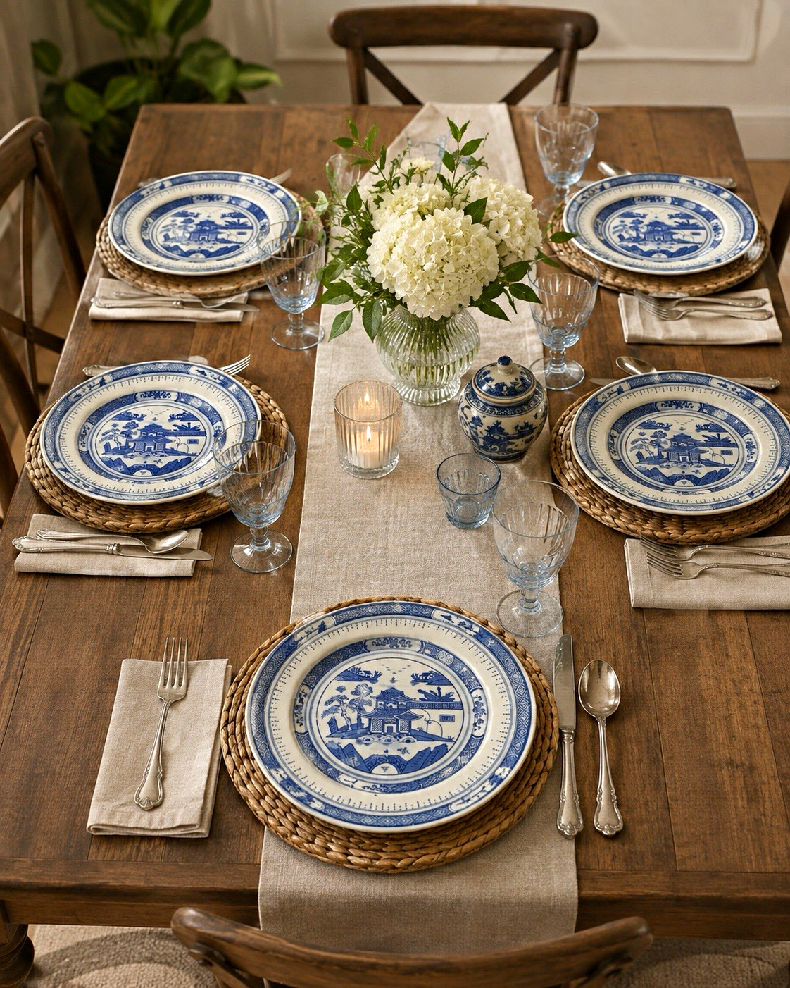 Set of 6 Chinese Blue & White Porcelain Plates, Landscape Pagoda Motif Mark