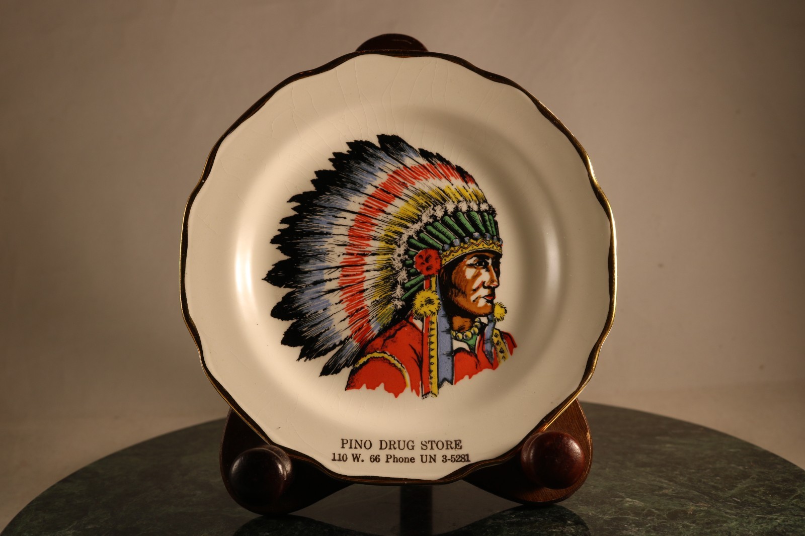 Vintage Rt 66 Pino Drug Store Indian Chief Plate Authentic 1950s Real Americana