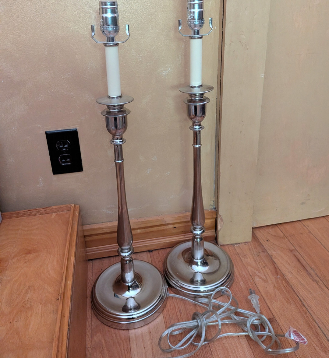 A pair of Ralph Lauren Chrome Victorian Candlestick Table Lamps t
