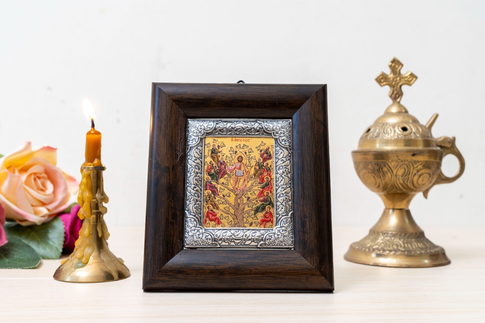 Jesus Christ True Vine Silver Icon Silk Gold Canvas Handmade Wood Frame Gift