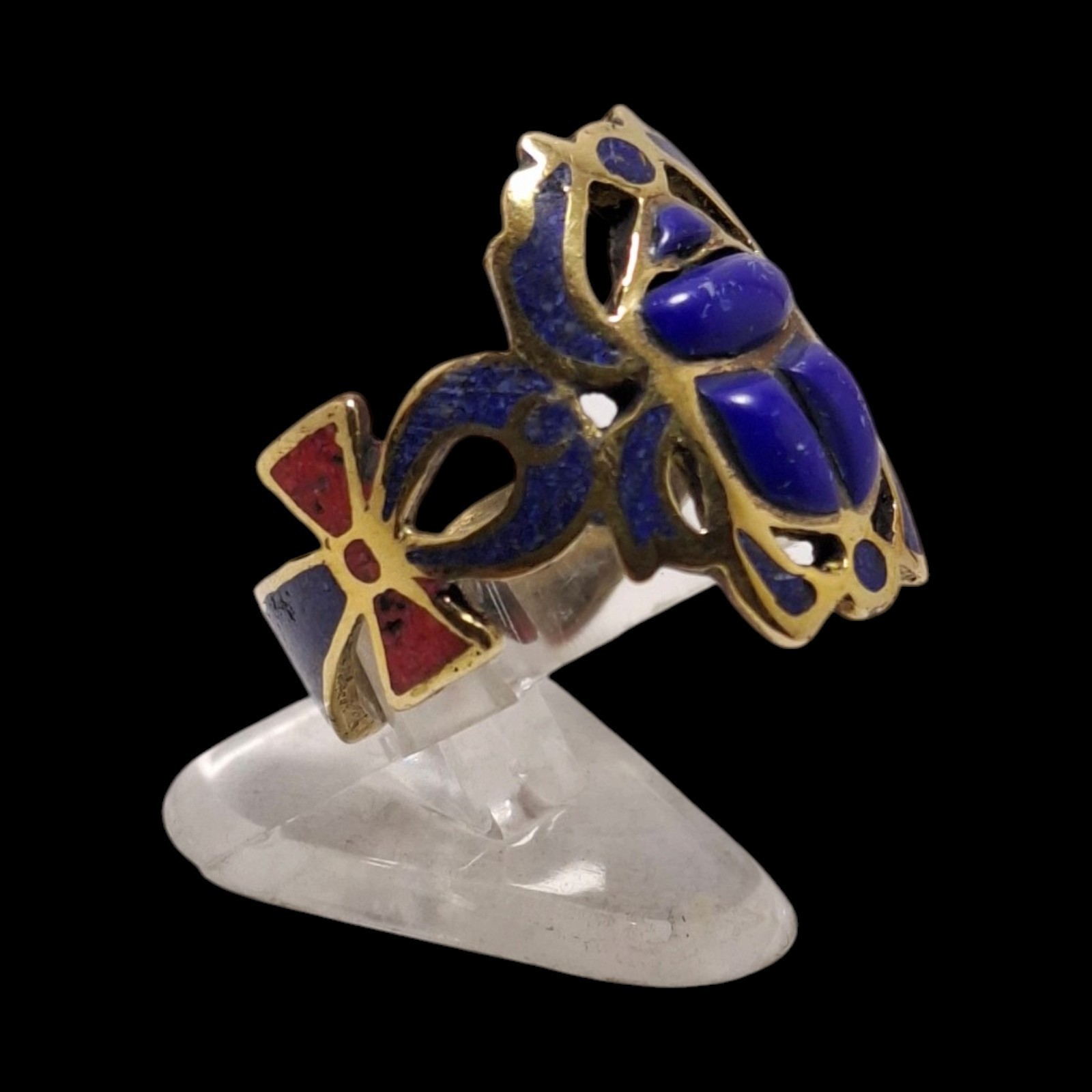 Egyptian Scarab Ring Lapis Lazuli Gold Tone Replica Handmade Jewelry Gift