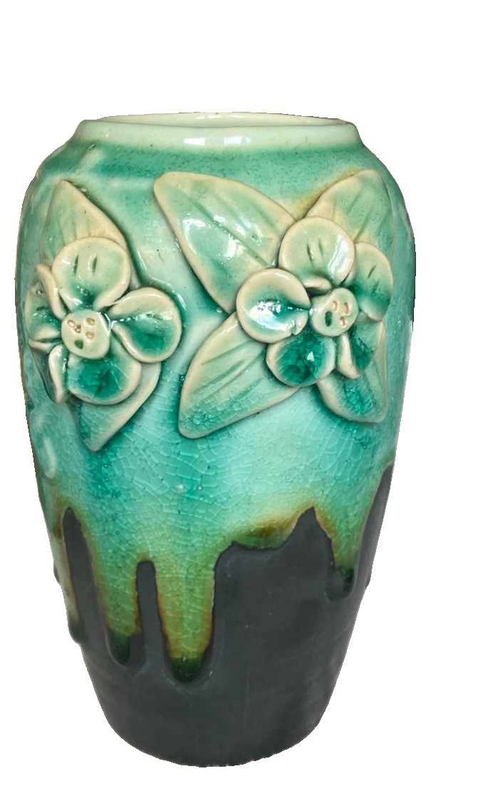 Vintage Clay Ceramic Vase Turquoise Teal Brown Drip Crackle Glaze 3D Floral