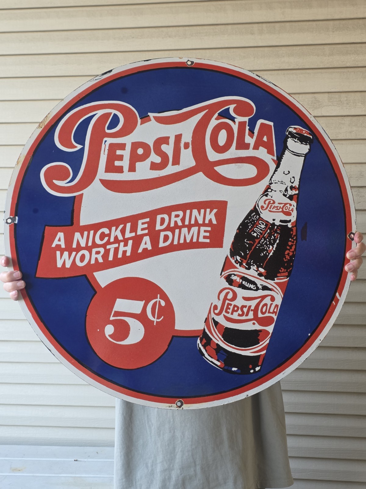 VINTAGE HUGE PEPSI-COLA 5 CENTS PORCELAIN  SIGN 29\