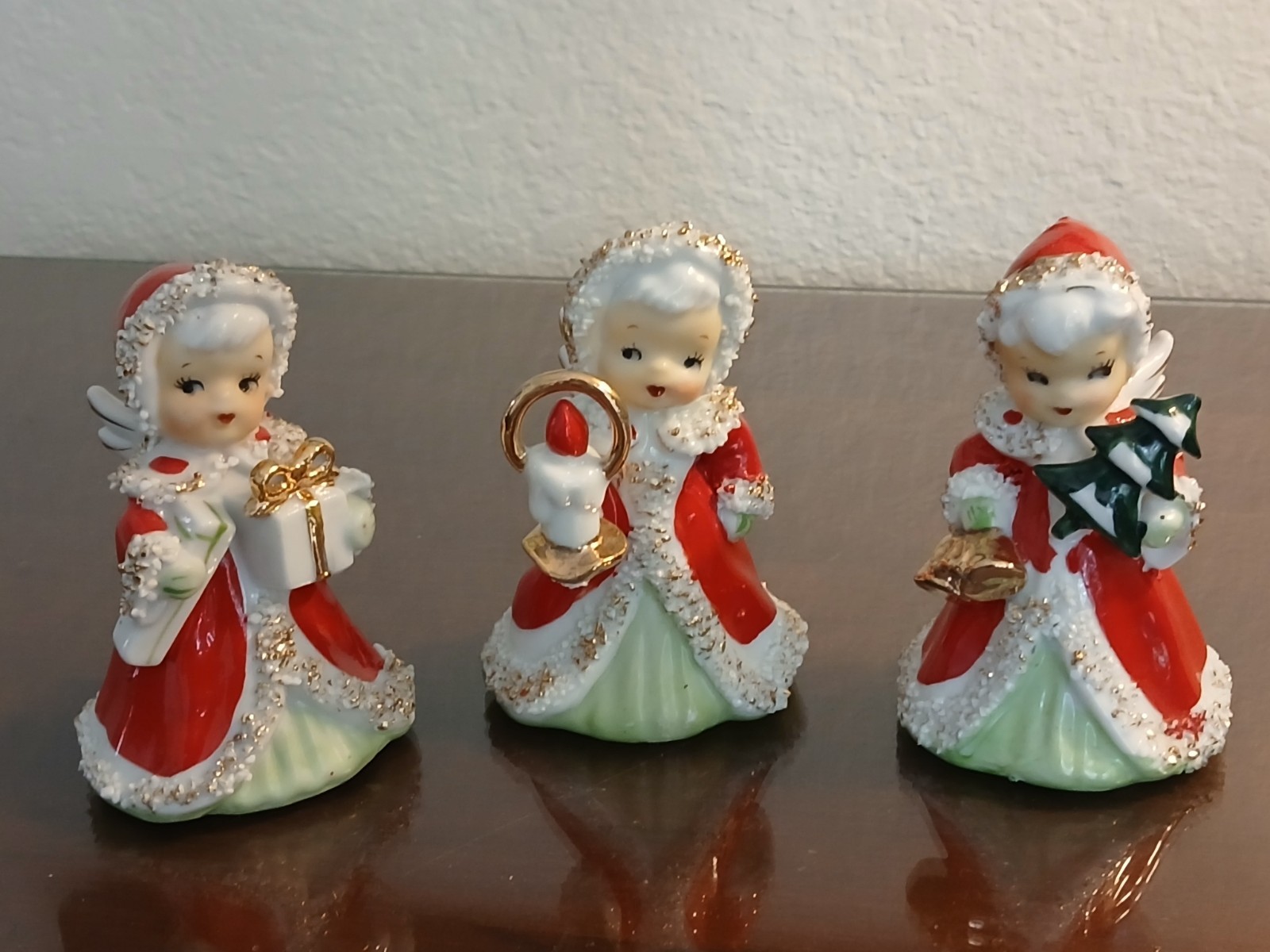 Vintage 50s Lefton Set 3 Christmas Angels Bell Figurines Spaghetti Trim Japan