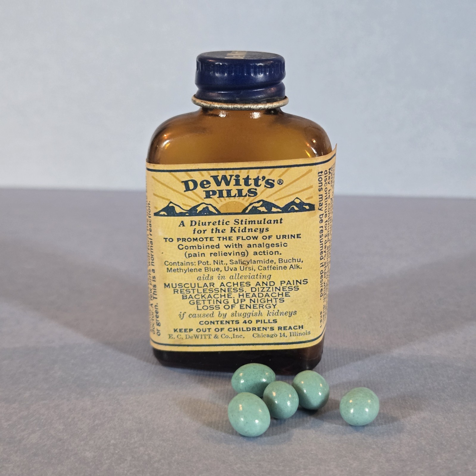 Rare Vintage DeWitt's Pills Bottle with Label & Green Pills Chicago 14 1950s