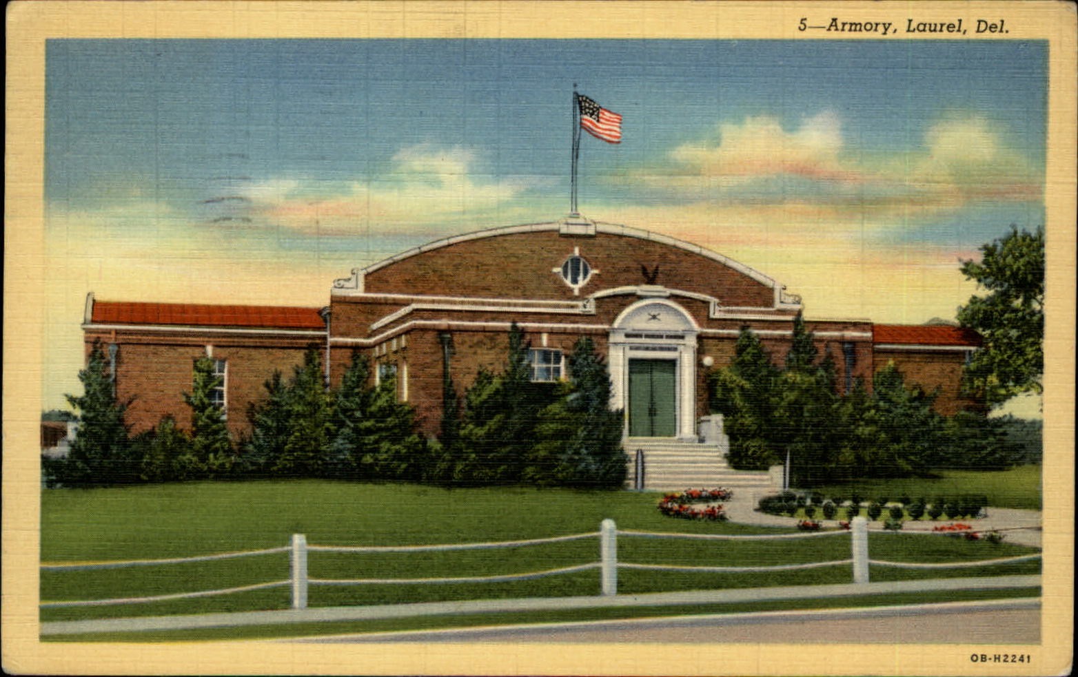Laurel Delaware Armory American flag mailed c1950s vintage linen postcard