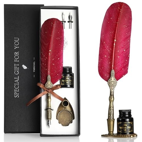 Vintage Carving Feather Pen Set, Glittering Quill Pen Set Antique Calligraphy...