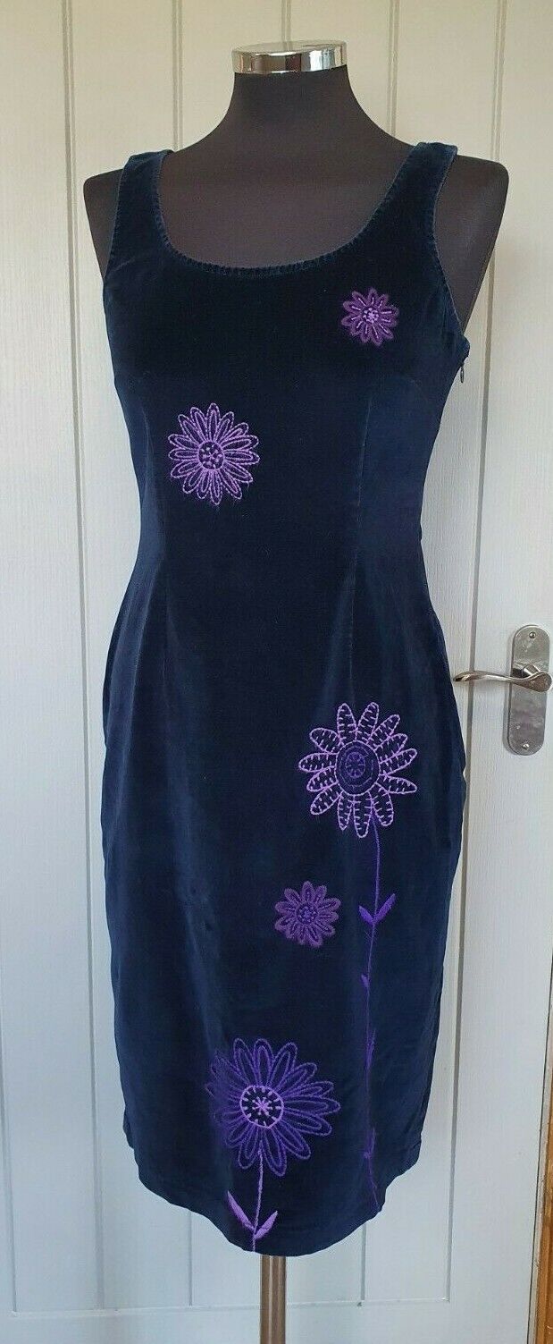 Mochino Jeans blue velvet wiggle dress 12/14 embroidered purple flower Y2K 90\'s