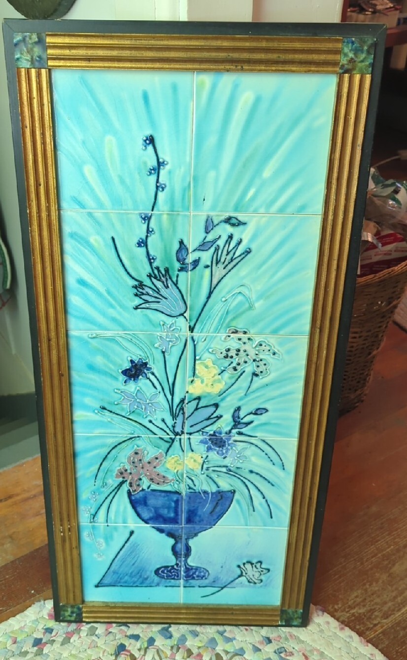 Vintage Large Tiles Floral Hanging Wall Art Wooden Frame Gorgeous 34\