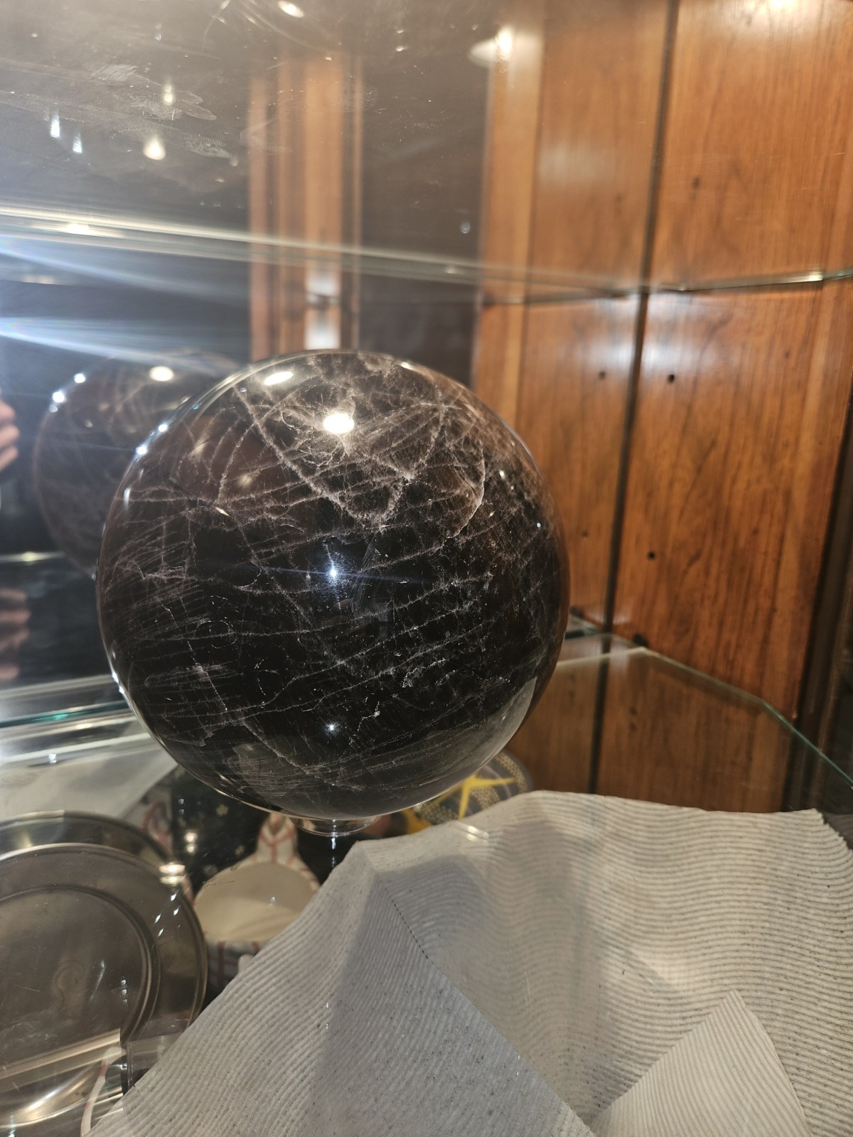 Huge Black Moonstone Sphere 18.6lbs Crystal Ball Silver Flash