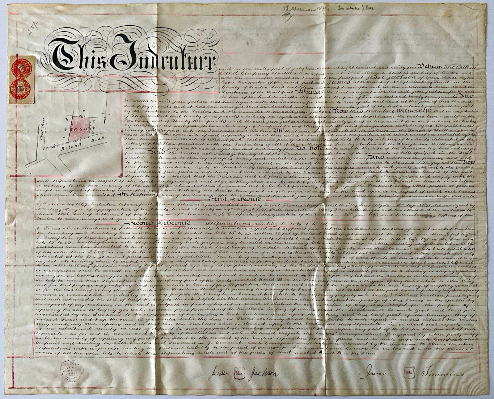 Antique 1895 Victorian English Handwritten Manuscript Land Conveyance Indenture