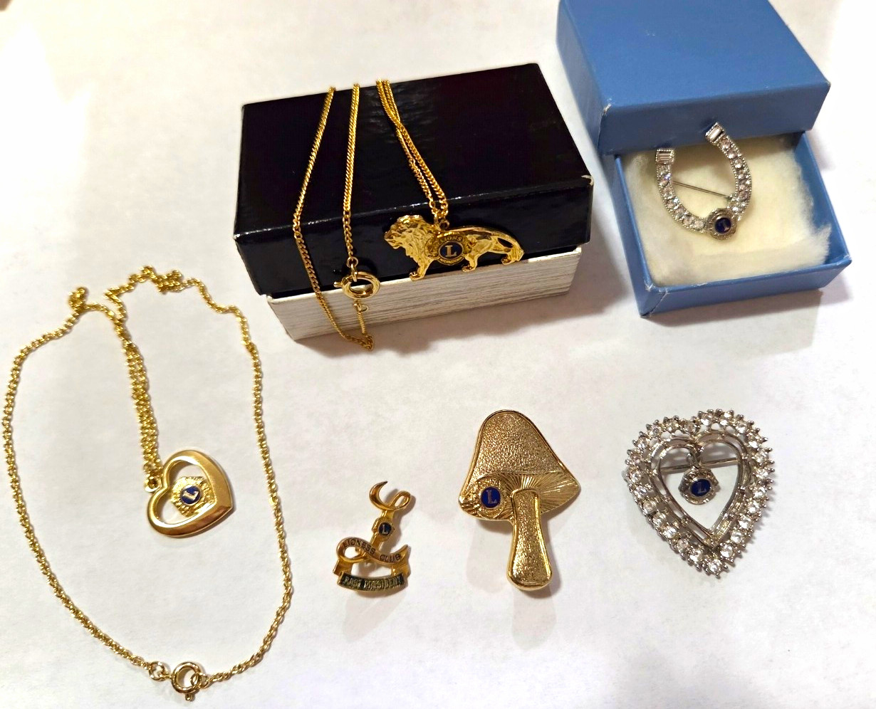 Vintage Lioness Club Jewelry Lot 5pc -Heart Necklace Lion Pendant Horseshoe Mus