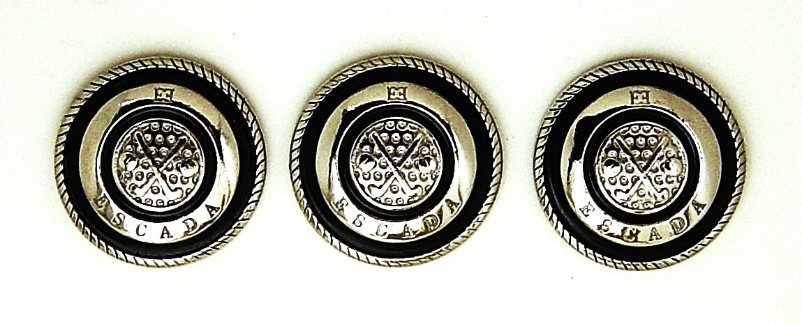 ESCADA REPLACEMENT BUTTONS 3 SILVER TONE SOLID METAL BLACK ENAMEL GOOD USED COND