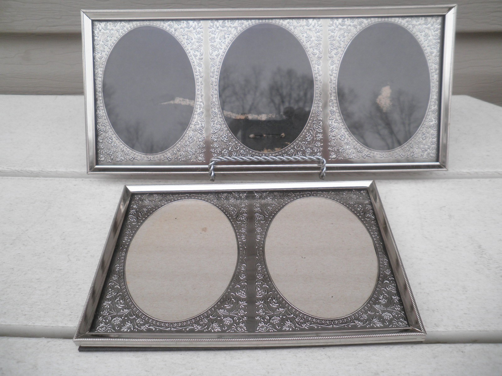 Vintage Silver Ornate Floral Embossed Mat Ovals Metal Picture Frame Set ( 2 )