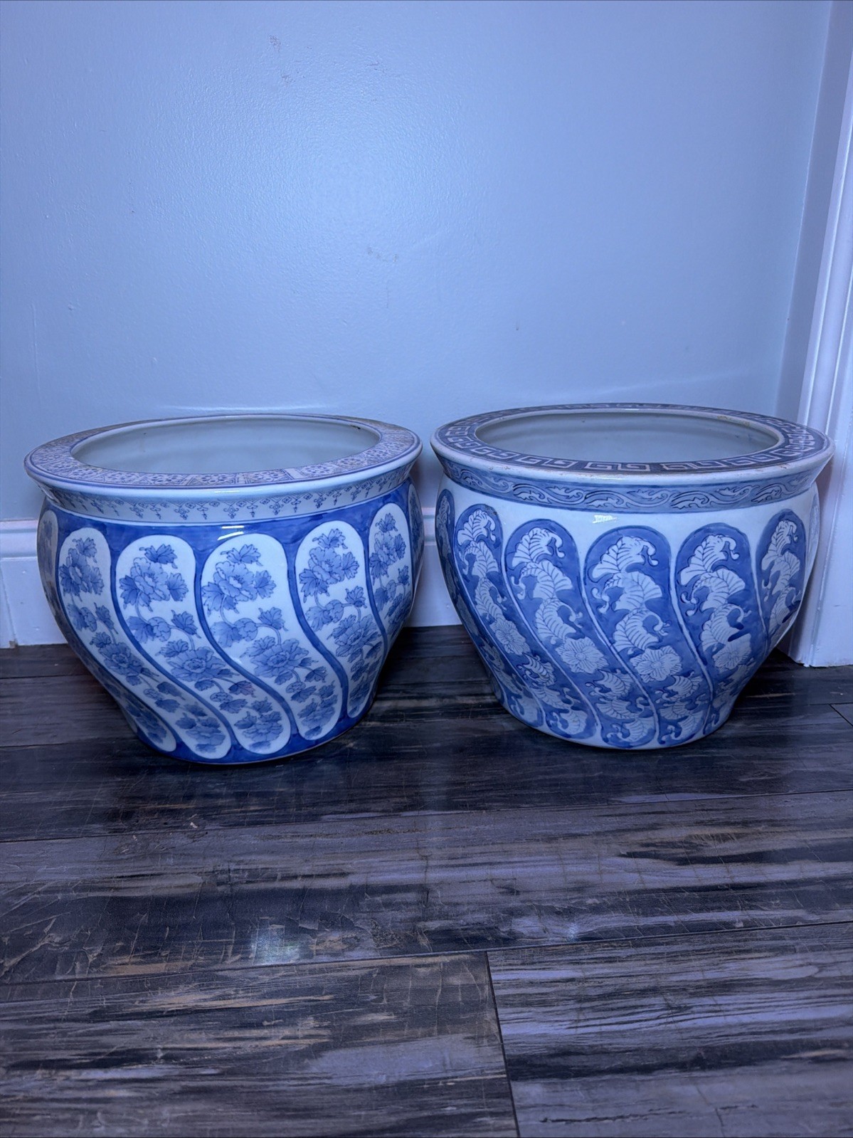Pair Vintage Chinese Blue & White Porcelain Wave Fishbowl Planter Pots 12x9