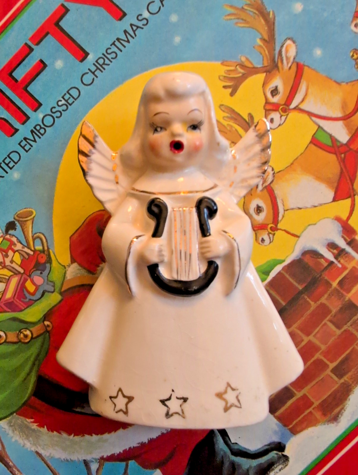Vintage MCM White W Gold Trim Angel W Harp Japan Napco? Christmas Figurine Xmas