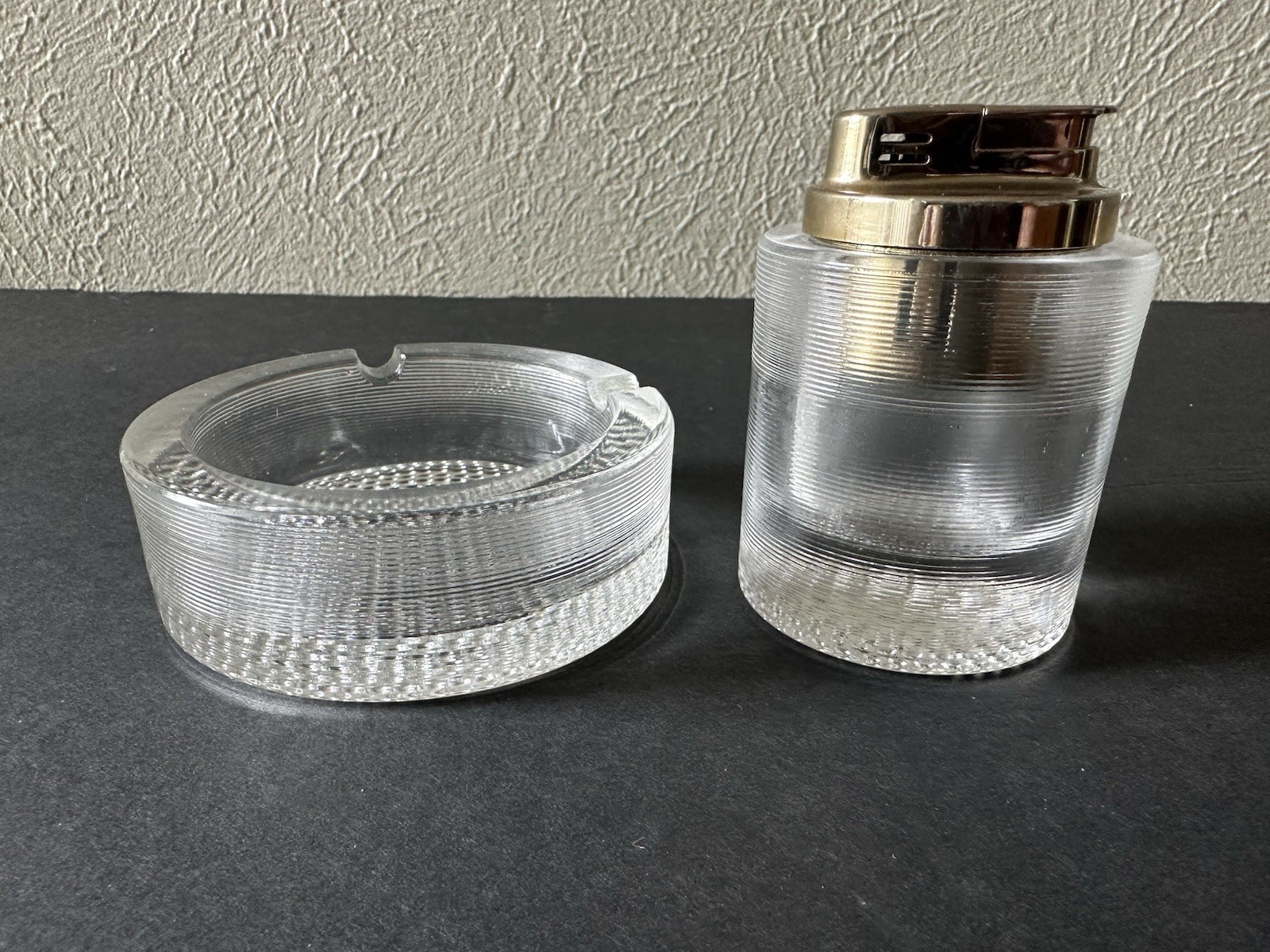 Vintage 1970’s Lucite Acrylic Hobnail Table Lighter & Matching Ashtray Set Japan