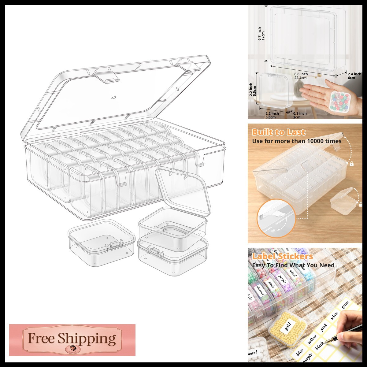 Mathtoxyz Bead Organizer Box 30Pcs Small Clear Storage Cases Hinged Lid