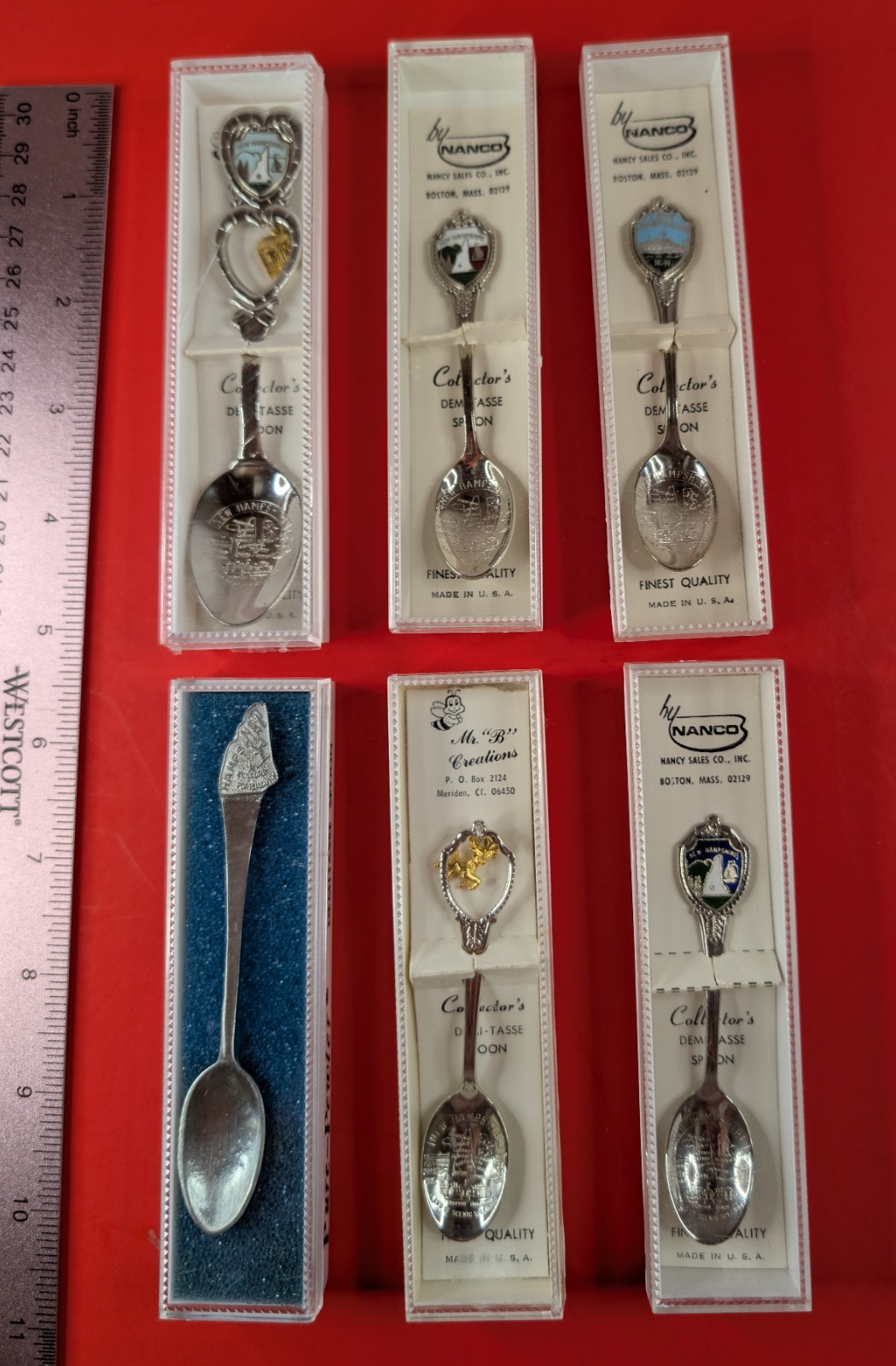 (6) Vintage New Hampshire Souvenir Spoons- 2 Charm - 1 Pewter-Lake Winnipesaukee