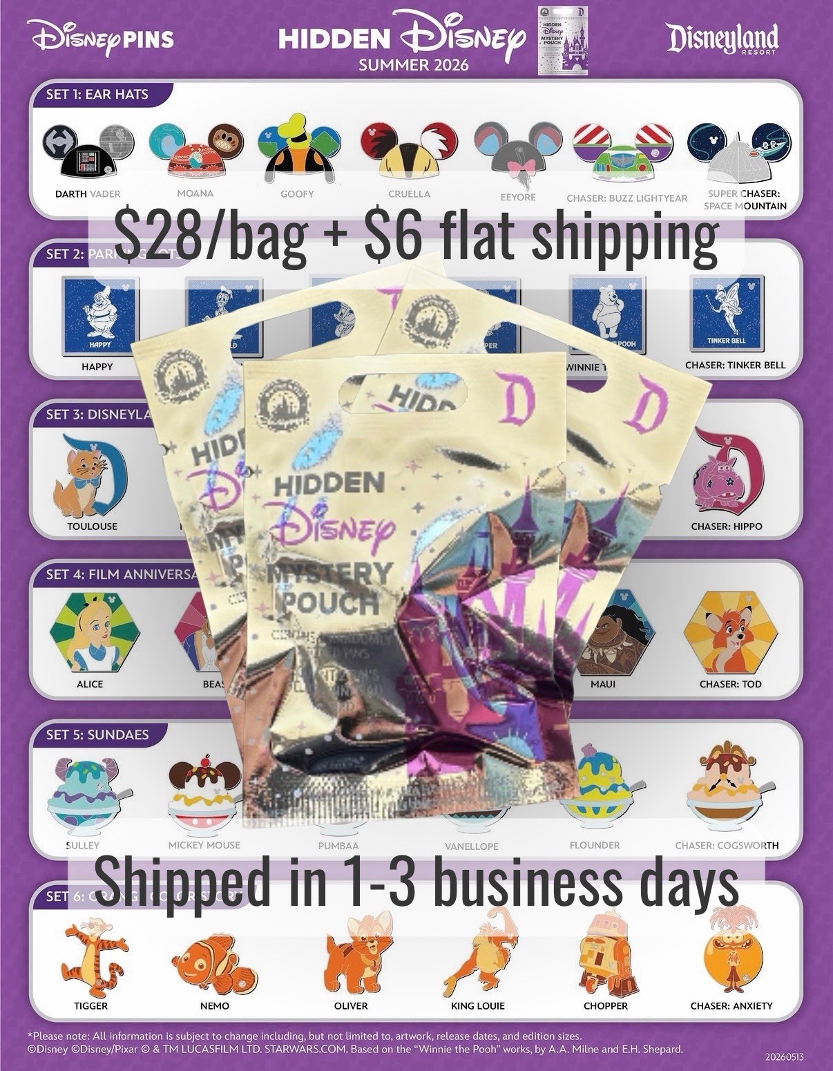 2026 NEW Disneyland Hidden Mickey Mystery Pack Wave B (10 Pack) SEALED