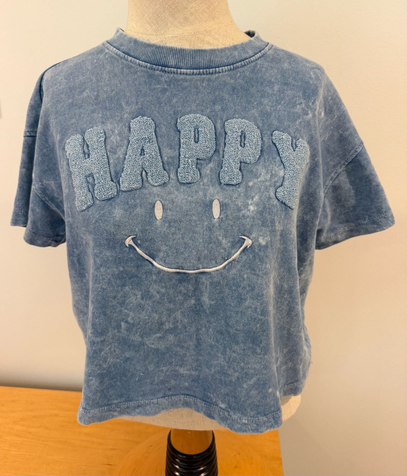 Vintage Havana Happy Smiley Face Acid Wash Blue Short Sleeve Tee Shirt XL Teen