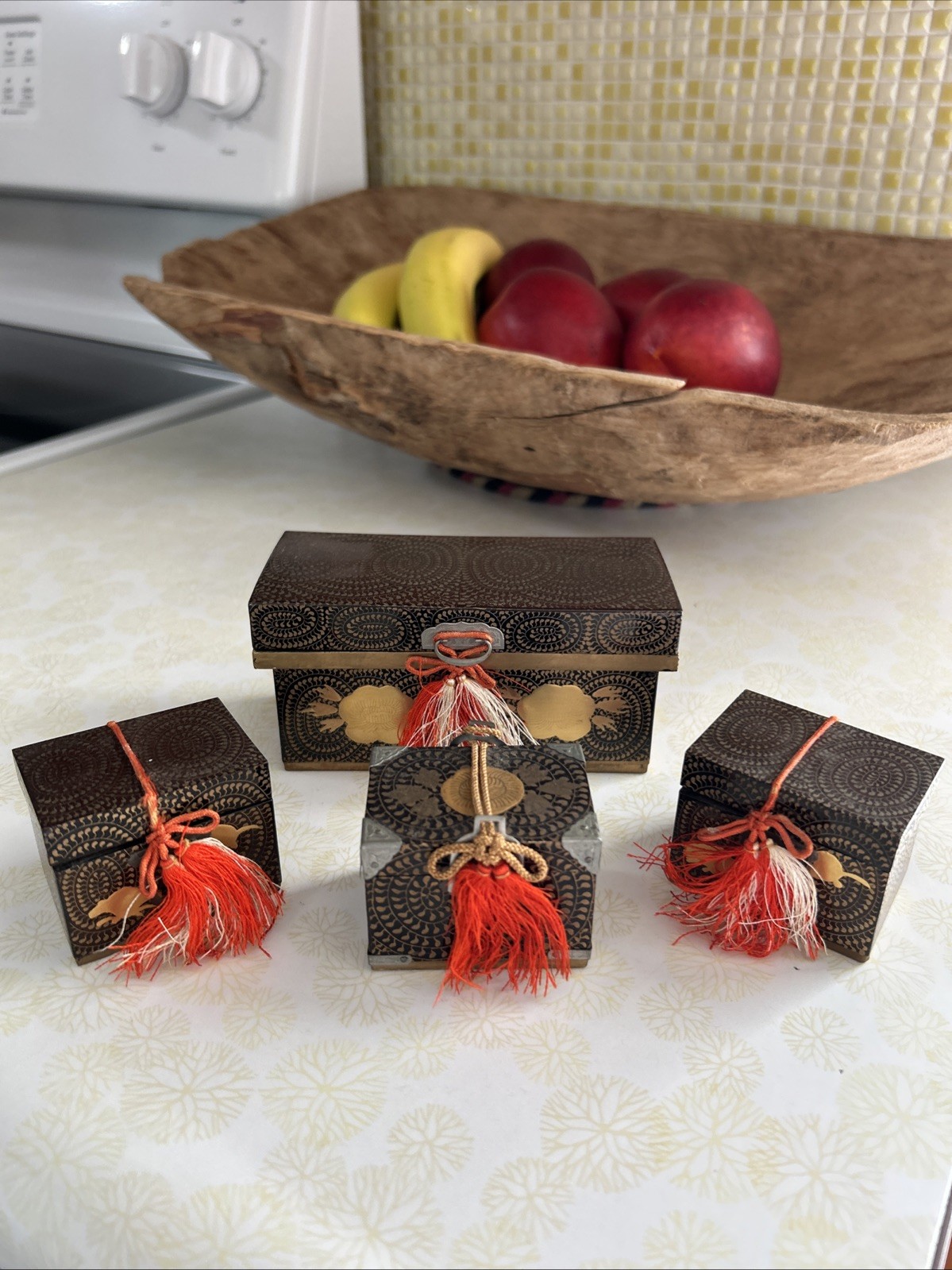 VTG Japanese Hina Dollhouse Furniture Laquer Wood Gold Chest Boxes - Set Of 4