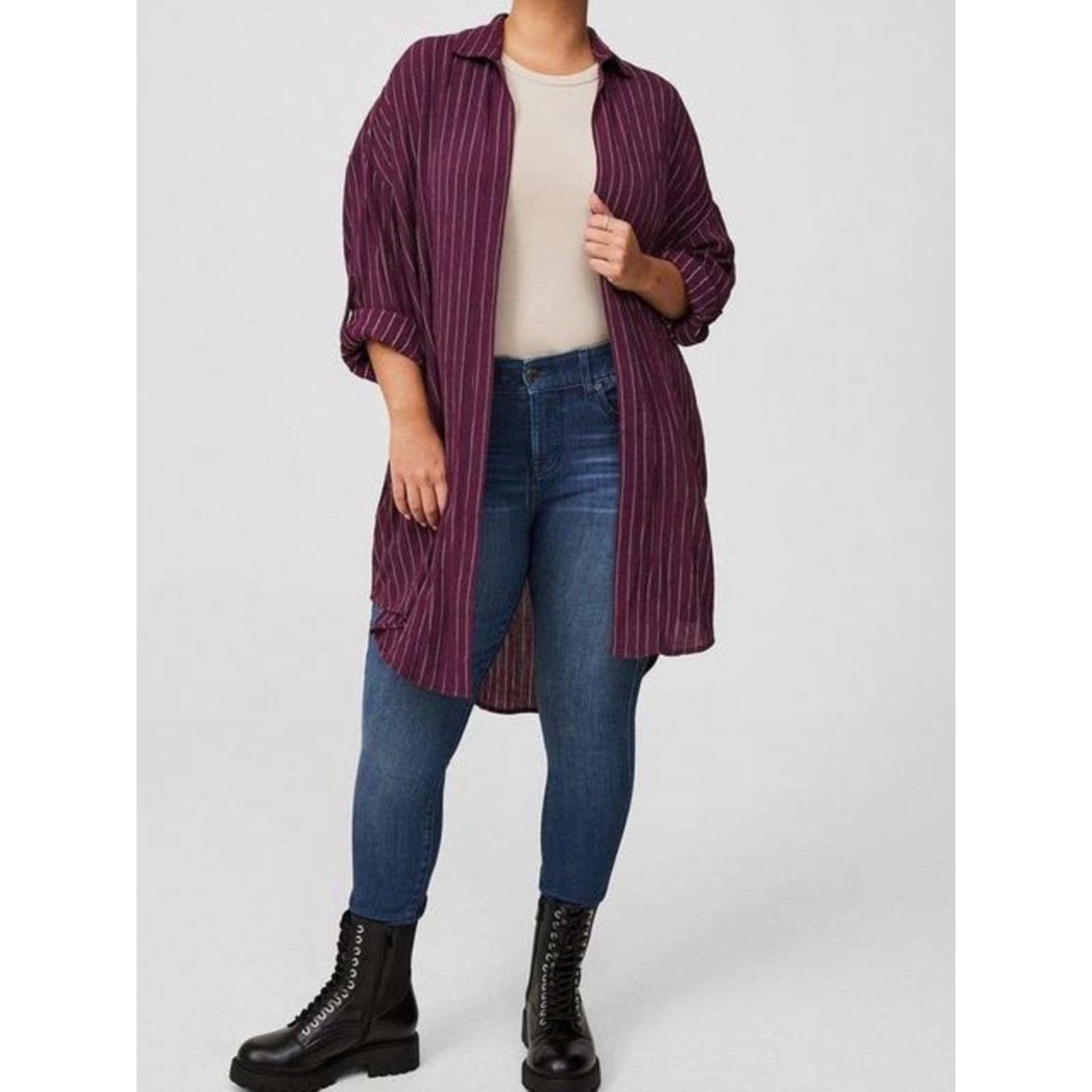 NWT Torrid Oversized Kimono Shirt Jacket in Plum with White Pinstripes sz 26 NWT Torrid Oversized Kimono Shirt Jacket in Plum with White Pinstripes sz 26