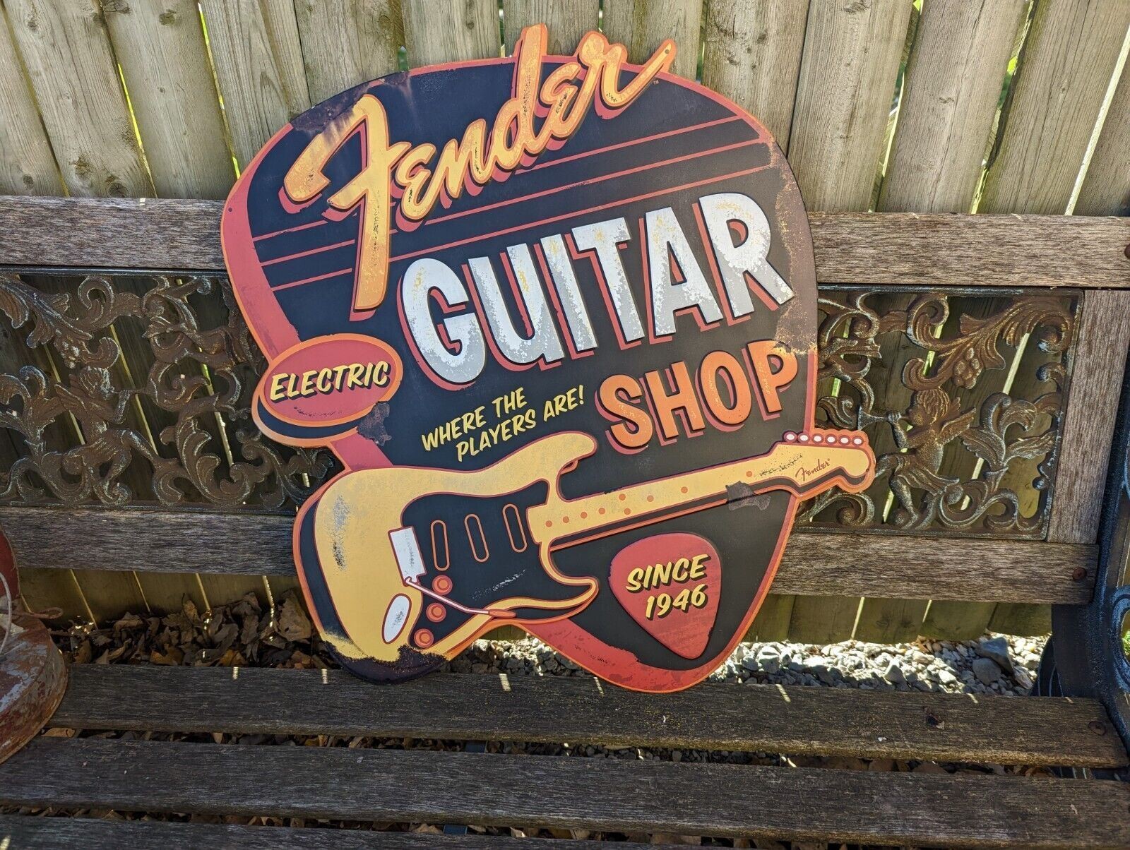Fender Guitar Shop Electric LARGE Vintage Look Sign Metal Embossed licensed Cool Fender Guitar Shop Electric LARGE Vintage Look Sign Metal Embossed licensed Cool