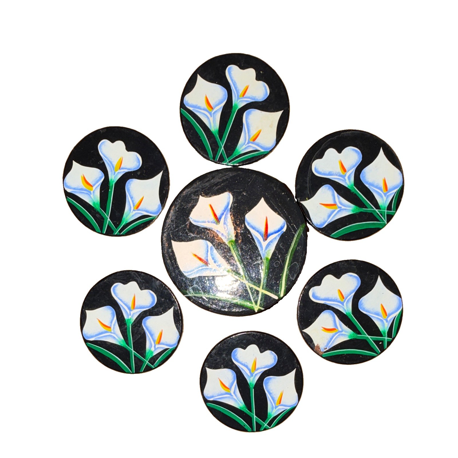 Vtg Otagiri Japan Black Lacquerware Coaster Set 6 Calla Lily Floral MCM Boxed
