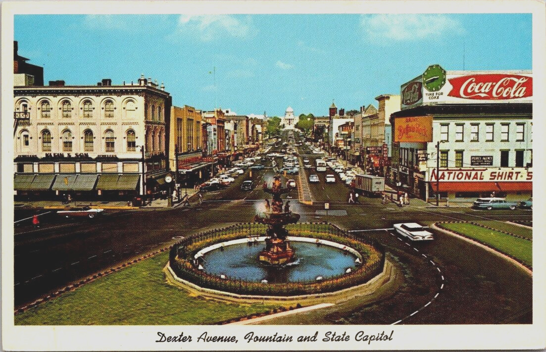 Dexter Ave Montgomery Alabama Street Scene Business\'s Old Cars 1950\'s Postcard